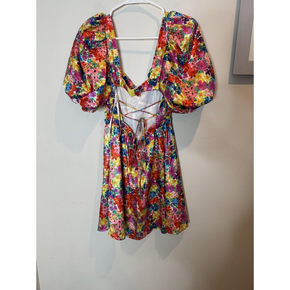 For Love &‎ Lemons Dress Womens Small Floral Puff Sleeve Mini Satin Lace Up Back - Picture 6 of 10